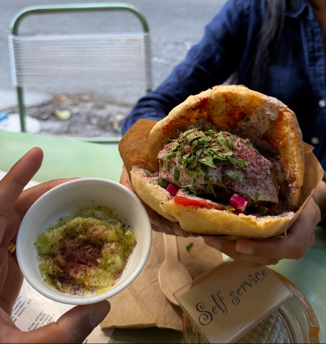 Stuffed falafel sandwich with hummus at Sumac
